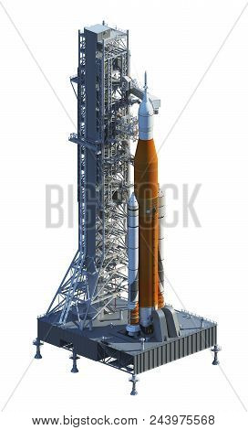 Space Launch System And Launchpad Over White Background. 3d Illustration.