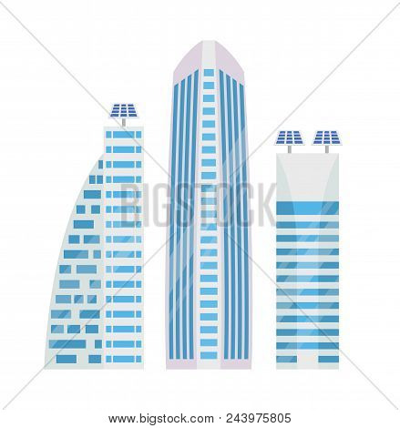 Skyscrapers With Solar Batteries, Modern City Elements, Modern City Skyscrapers With Windows And Con