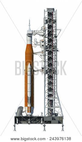 Space Launch System On Launchpad. 3d Illustration.