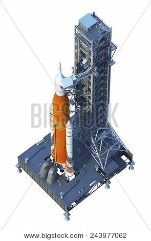 Space Launch System With Launchpad On White Background. 3d Illustration.