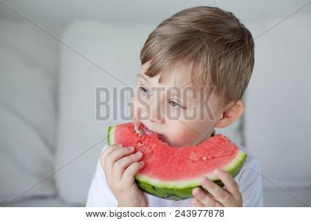 A Small Cute Boy 4 Years Old Is Eating A Watermelon. Summer. Heat. Watermelon. Portrait Of A Happy B