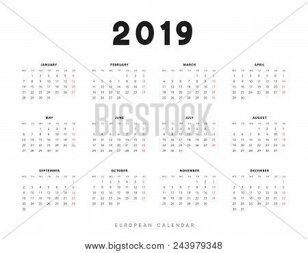 Simple European Calendar For 2019 Years, Week Starts On Monday.