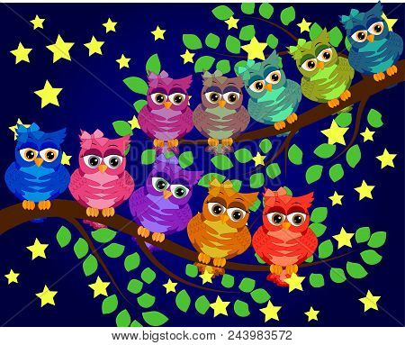 Good Night And Sweet Dreams.night Scene With Moon, Stars And Owl.owl On The Branch.moon Made From St