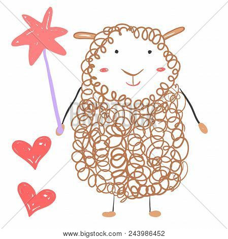 Funny Sheep With A Magic Wand. Pretty Happy Lamb. Illustration About Animals For Children Design. Ca
