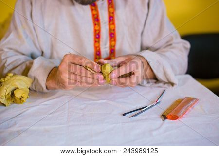 Professional Male Potter In Russian Ethnic Shirt Making Clay Figure For Medieval Popular Strategy Bo