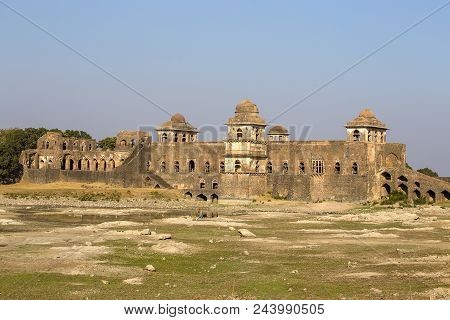 Jahaz Mahal , Ship Palace In Sunrise. Mandu, Madhya Pradesh. India. Old Indian Architecture On The B
