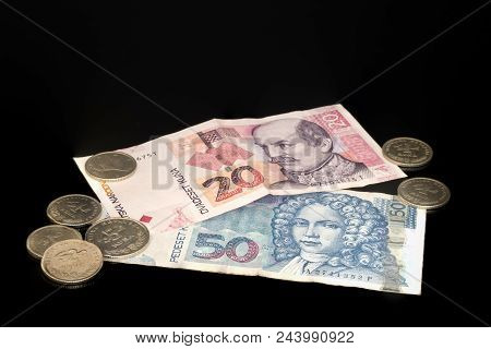 Kuna - Croatian Currency, Coins And Paper Notes Isolated On Black