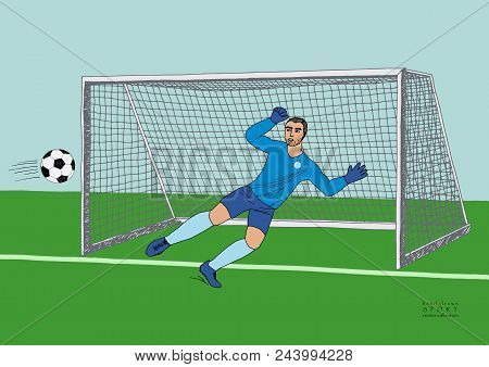 Goalkeeper Jumping To Catch The Soccer Ball. Football Game. Young Athletic Champion. Hand Drawn Vect