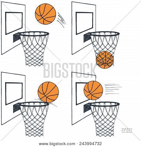 Basket Ball Action Set Graphic Vector Illustration. Backboard, Hoop, Ring, Net, Kit. Hand Drawn Colo