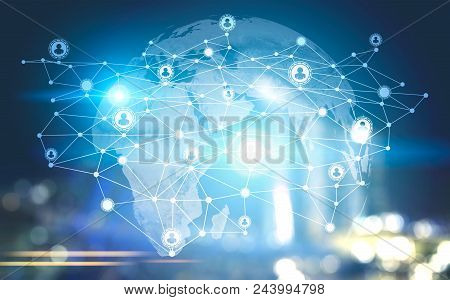 People Network Hologram Against A Planet And A Night Cityscape. Global Business Concept. Toned Image