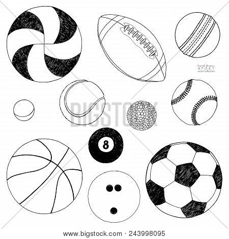 Vector Set Of Sport Balls. Hand Drawn Colored Sketch. Isolated On White Background.