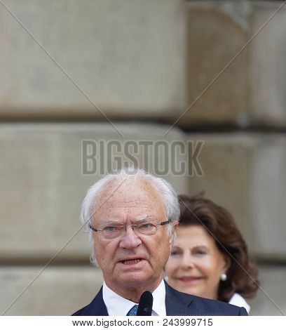 Stockholm, Sweden - Jun 06, 2018: The Swedish King Carl Gustaf Bernadotte Xvi Giving A Speech, His Q