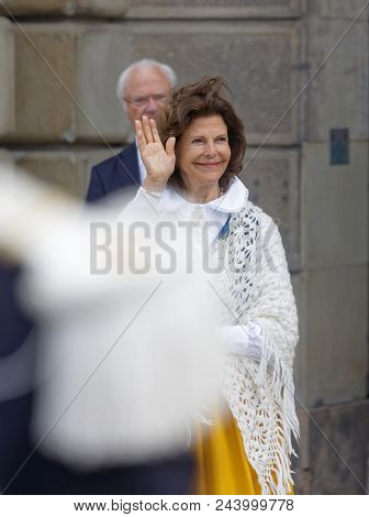Stockholm, Sweden - Jun 06, 2018: The Swedish Queen Silvia Bernadotte Waving To The People Outside T
