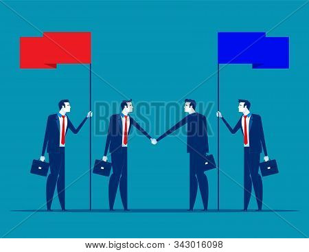 Agreement With Partnership. Concept Business Vector Illustration, Shaking Hands, Flags, Achievement,
