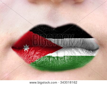 Female Lips Close Up With A Picture Flag Of Jordan. Learning Languages.