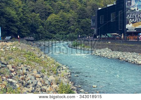 Russia. Rosa Khutor. Krasnaya Polyana. Sochi. 28 July 2018. Streets, Cafes And Houses Of The Russian
