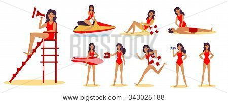 Set Of Beach Lifeguard Girl On The Beach In Different Action Situations. Vector Illustration In Flat