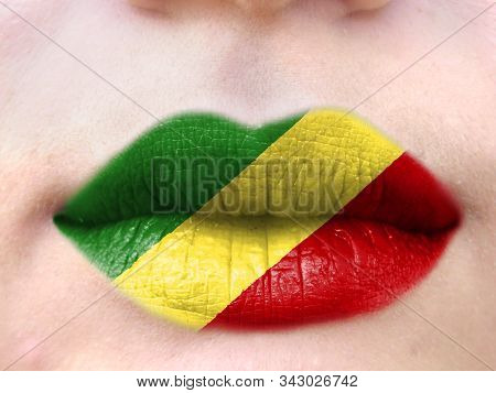 Female Lips Close Up With A Picture Flag Of Congo, Republic. Learning Languages.
