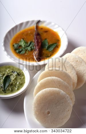 Idli With Sambar And Coconut Chutney, Indian Dish : South Indian Favourite Food Rava Idli Or Semolin