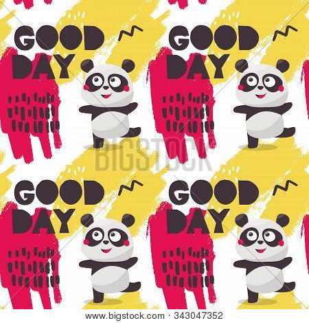 Seamless Cute Pattern With Panda And Colorful Graphic Elements