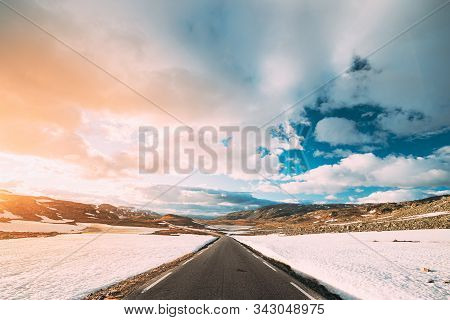 Aurlandsfjellet, Norway. Open Road Aurlandsfjellet. Scenic Route Road In Summer Norwegian Landscape.