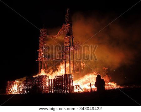 Buergbrennen Festival In Luxembourg. Celebrating End Of Winter Beginning Of Spring By Burning Mock C