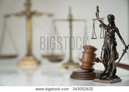 Lawyers Office Concept. Law Symbols Composition - Gavel, Scale And Themis Statue On Off-white Backgr