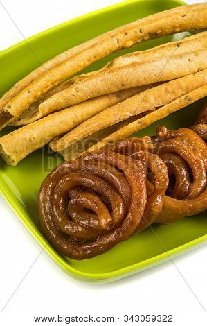 Indian Cuisine Fafda And Jalebi, Special And Famous Dish Of Gujarat.
