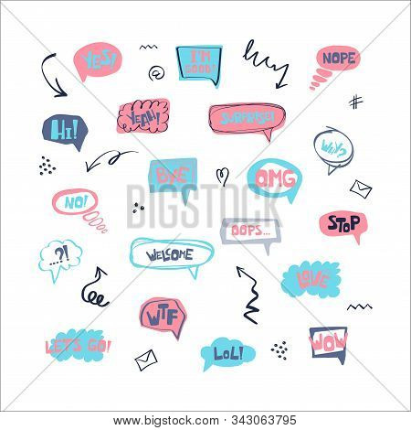 Hand Drawn Set Of Speech Bubbles With Handwritten Short Phrases Yes, Surprese, Bye, Ok, Im Good, Omg
