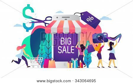 Vector Illustration Online Shopping, E Commerce Concept, Women Buying Online Goods Through Device.