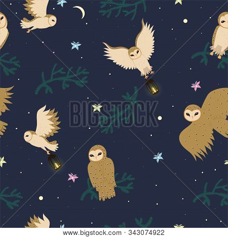 Seamless Pattern With Owls And Moths. Night Pattern. Vector Image.