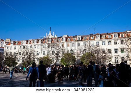 Lisbon, Portugal - May, 2018: The Historical King Pedro Iv Square Also Called Rossio Square Located