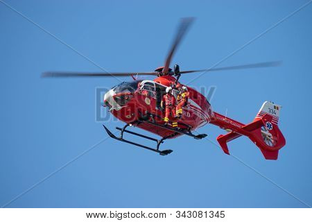Bucharest/ Romania - Aeronautic Show - September 24, 2019: Smurd Helicopter Pilot Giving Thumbs Up A