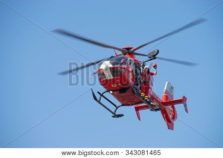 Bucharest/ Romania - Aeronautic Show - September 24, 2019: Smurd Helicopter Pilot Giving Thumbs Up A