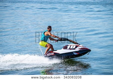 Bucharest/ Romania - Aeronautic Show - September 21, 2019: Jetski Freestyle Team Doing Some Incredib