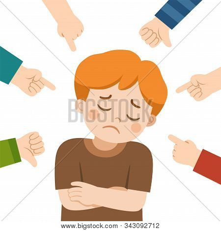 Boy Crying And Other Kids Pointing At Her And Laughing. Bullying At School. A Boy In Shame And Hands