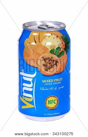 Novyy Urengoy, Russia - January 4, 2020: Aluminium Can Of The Vinut Mixed Fruit Juice Drink Isolated