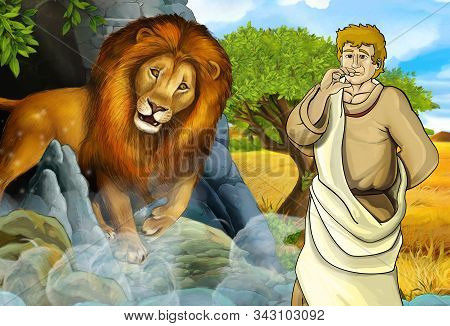 Cartoon Scene With Greek Or Roman Warrior Or Philosopher Fighting Nemean Lion - Illustration For Chi