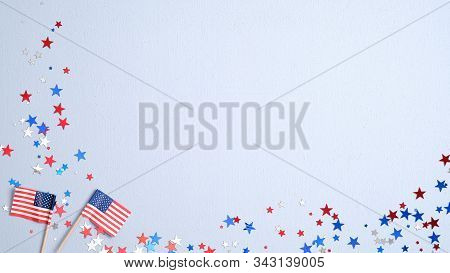 Happy Presidents Day Banner Mockup With American Flags And Confetti. Usa Independence Day, American 