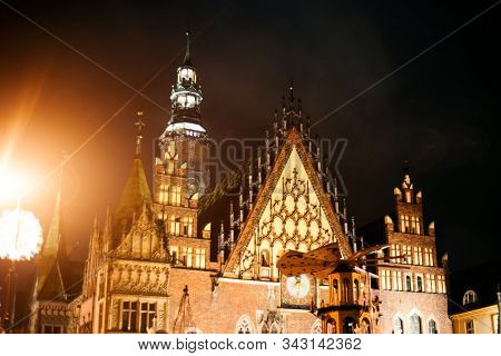 Christmas Market At Wroclaw. Night Time. Poland
