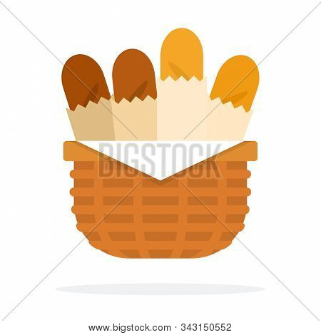 Basket With Baguettes Vector Flat Material Design Isolated Object On White Background.
