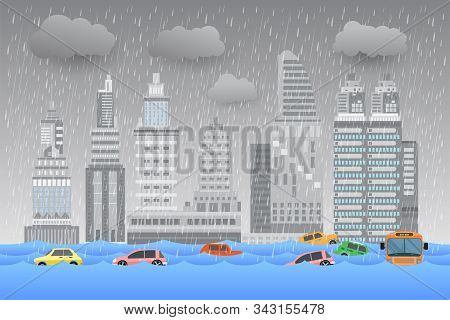 City ​​flood, Heavy Rain , Water In City Street,vector Illustration