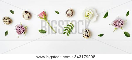 Creative Layout Floral Pattern With Quail Eggs. Easter Minimal Concept, Anner Format