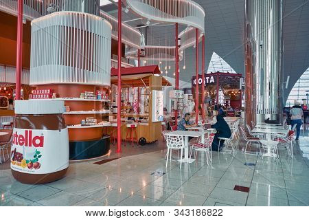 DUBAI, UAE - CIRCA JANUARY 2019: Nutella Cafe in Dubai International Airport. Nutella is a brand of sweetened hazelnut cocoa spread.