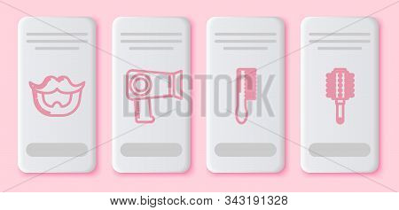 Set Line Mustache And Beard, Hair Dryer, Hairbrush And Hairbrush. White Rectangle Button. Vector