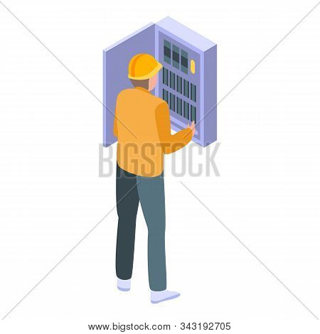 Electrician In Metal Box Icon. Isometric Of Electrician In Metal Box Vector Icon For Web Design Isol