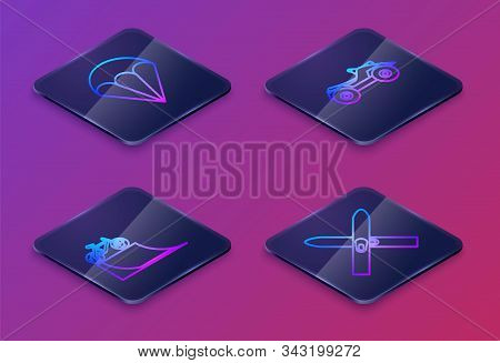 Set Isometric Line Parachute, Bicycle On Street Ramp, All Terrain Vehicle Or Atv Motorcycle And Ski 