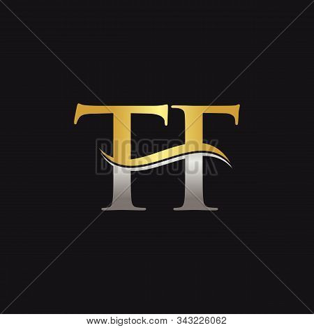 Gold And Silver Letter Tf Logo Design With Black Background. Tf Letter Logo Design