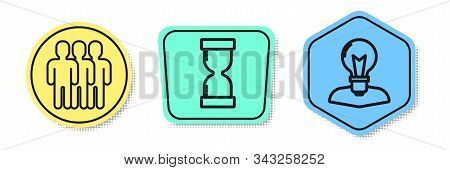 Set Line Users Group, Old Hourglass With Flowing Sand And Human Head With Lamp Bulb. Colored Shapes.