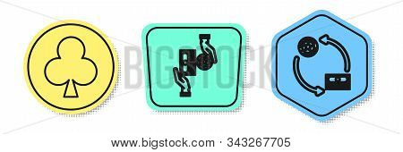 Set Line Playing Card With Clubs Symbol, Casino Chips Exchange On Stacks Of Dollars And Casino Chips